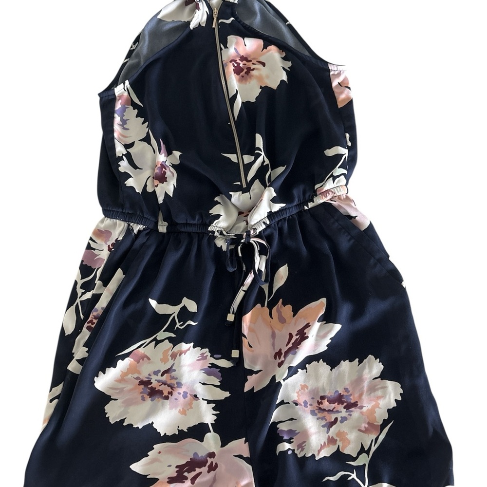 Floral Dynamite Romper  in Navy and Pink Front Zip and Tie at Waist Petite Small